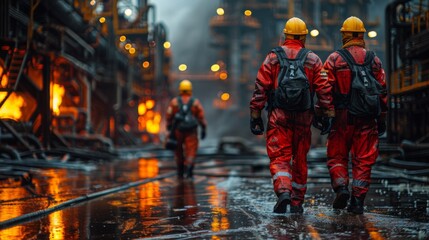 Trabajadores de una petrolera interactuando con el sistema de supresin de incendios  - obrazy, fototapety, plakaty