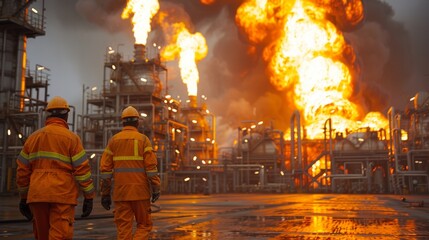 Trabajadores de una petrolera interactuando con el sistema de supresin de incendios  - obrazy, fototapety, plakaty