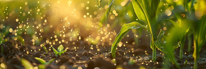 Fine droplets of pesticide or herbicide are sprayed onto crops, targeting specific pests or weeds while minimizing chemical usage in environmentally conscious farming. - obrazy, fototapety, plakaty