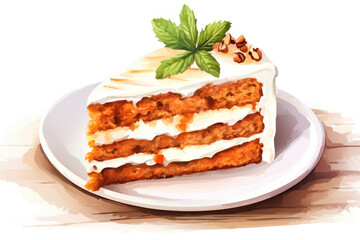 Delicious Dessert Delight: A Slice of Homemade Cake with Creamy White Icing on a Wooden Plate, a Tasty and Gourmet Pastry Snack on a Fresh Brown Table, a Closeup View of a Piece of Sweetness with
