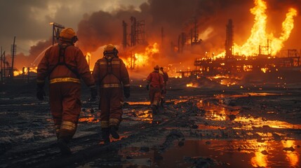 Trabajadores de una petrolera interactuando con el sistema de supresin de incendios - obrazy, fototapety, plakaty