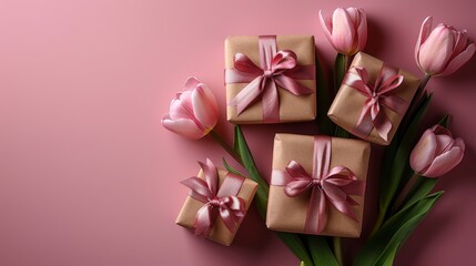 Top view photo of trendy gift boxes with ribbon bows and tulips on isolated pastel pink background 