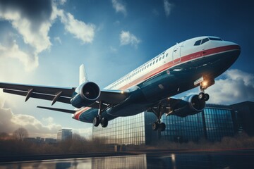 Obraz premium Airplane in the city. Plane at the airport close-up against the background of the sunset sky.
