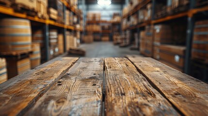 The empty wooden table top with blur background of warehouse storage. Exuberant image - obrazy, fototapety, plakaty