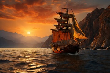 Obraz premium Vintage Frigate sailing into a fog bank. Beautiful sunset landscape. Ship at sea. Scarlet Sails