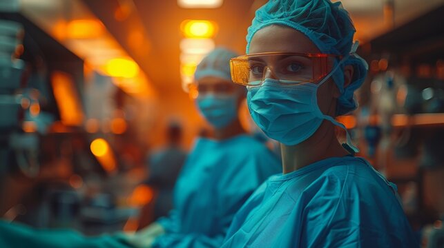 Surgeon or doctor in blue uniform did surgery in surgical hospital with orange light effect and blur background. Surgeon and nurse use medical instrument or equipment in operating room 