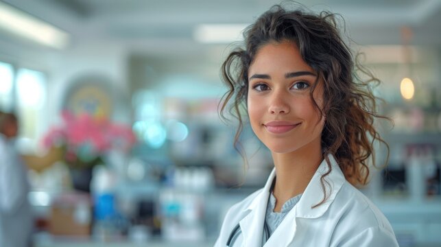 Step into the world of healthcare with this engaging image. A young woman in a white lab coat stands in a well-organized doctor's office, engaging in a conversation 