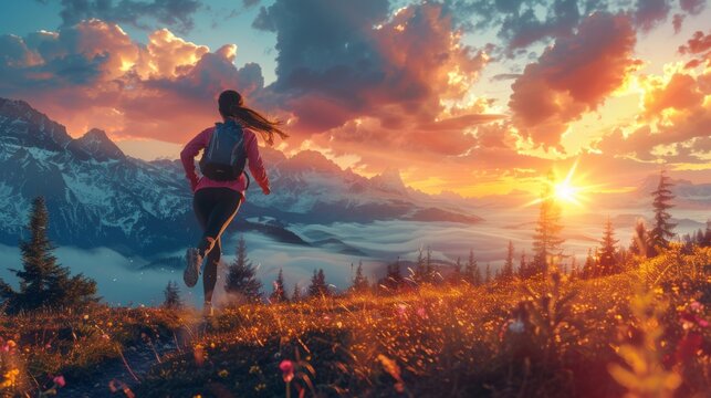Sporty mountain woman run in trail during endurance trail 