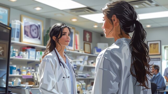 Step into the world of healthcare with this engaging image. A young woman in a white lab coat stands in a well-organized doctor's office, engaging in a conversation 