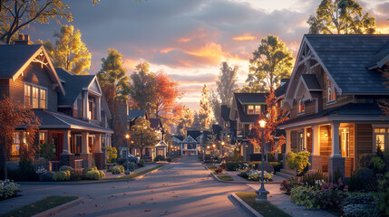 A suburban street at dawn, the soft light illuminating the craftsman homes, each displaying unique architectural features and simple yet elegant exteriors. - obrazy, fototapety, plakaty