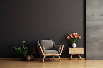 Modern living room with armchair, table, flower and plant on black wall background