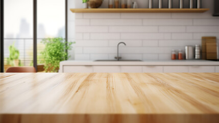 Wooden table top on blur kitchen room background, Modern kitchen room interior - obrazy, fototapety, plakaty