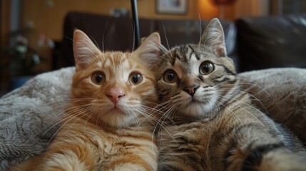Funny cats Self picture. Selfie stick in his hand. Couple of cat taking a selfie together with smartphone camera 
