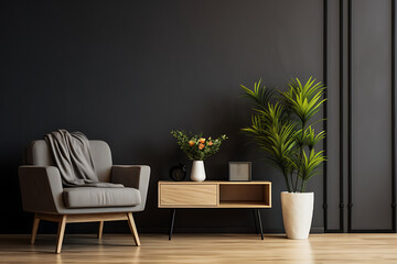Modern living room with armchair, table, flower and plant on black wall background