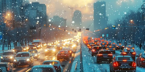 Winter traffic jam on highway with modern cars stuck creating congestion. Concept Traffic jam, Winter, Highway, Modern Cars, Congestion - obrazy, fototapety, plakaty