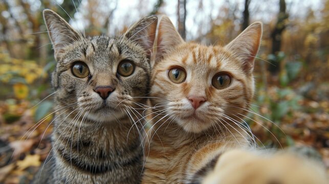 Funny cats Self picture. Selfie stick in his hand. Couple of cat taking a selfie together with smartphone camera 