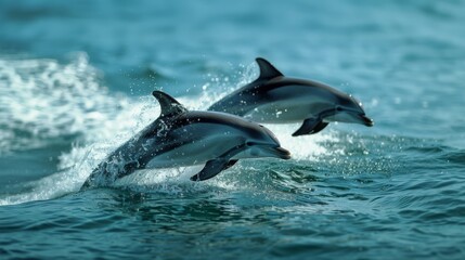Fototapeta premium Dolphins jumping in ocean waters. Aquatic Sealife. Ocean. Endangered. Intelligent species. 