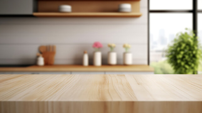 Wooden table top on blur kitchen room background, Modern kitchen room interior