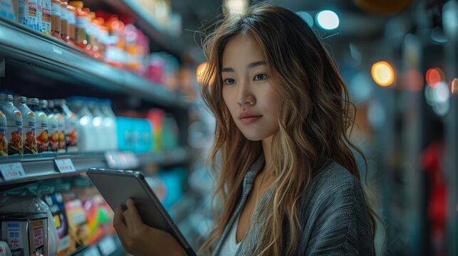 Elevate your business projects with this impactful image. A determined businesswoman harnesses the power of technology as she analyzes sales data on her tablet, surrounded by an array of products read