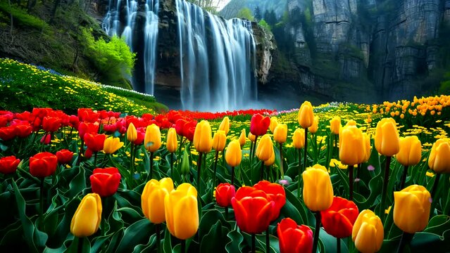 Spring landscape with tulip fields and beautiful waterfall. Seamless looping 4k time-lapse video animation background 