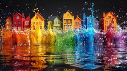 Colorful Cartoon Housesand splash water over black background 