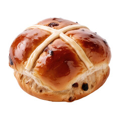 Freshly baked hot cross bun with a golden-brown crust and white icing cross, Concept of Easter treats and traditional bakery products - obrazy, fototapety, plakaty