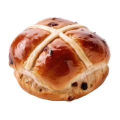 Fotobehang Freshly baked hot cross bun with a golden-brown crust and white icing cross, Concept of Easter treats and traditional bakery products © TazWeed