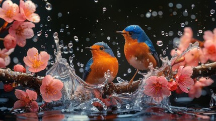 Colorful Birds. Songbird in Cherry Blossoms and splash water over black background 