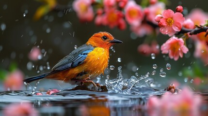 Colorful Birds. Songbird in Cherry Blossoms and splash water over black background 