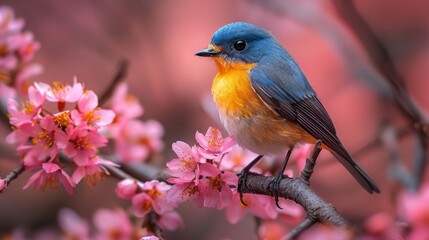 Fototapeta premium Colorful Bird. Songbird in Cherry Blossoms 
