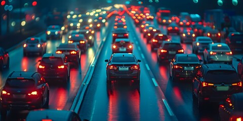 Nighttime rush hour with congested lanes of cars and commuters heading home. Concept Nighttime Traffic, Rush Hour, Congested Lanes, Commuters, Evening Commute - obrazy, fototapety, plakaty