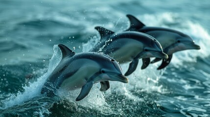Obraz premium Dolphins jumping in ocean waters. Aquatic Sealife. Ocean. Endangered. Intelligent species. 