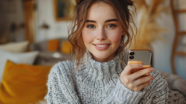 Close up young woman she wear grey knitted sweater shirt casual clothes doing selfie shot pov on mobile cell phone show thumb up isolated on plain yellow background studio portrait
