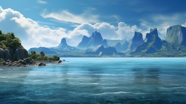 Sea, mountain, sky and boat wallpapers Created with Generative AI technology.