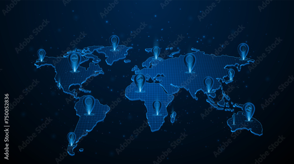 Leinwandbilder Global connection network background. Pin pointer on map. World map. Internet technology or global communication concept.
