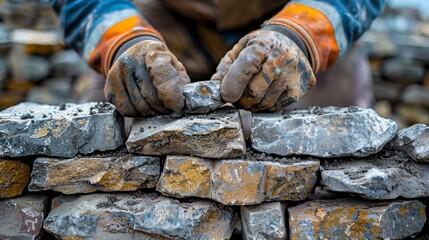 A bricklayer constructs a stone wall using wood, metal tools, and building materials like bricks and rocks  - obrazy, fototapety, plakaty