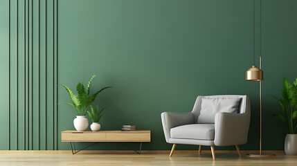 Stylish Modern living room has an armchair on empty dark green wall background