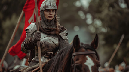 Fototapeta na wymiar Woman Female Medieval Knight on a Horse