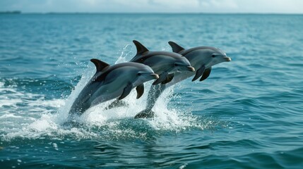 Fototapeta premium Dolphins jumping in ocean waters. Aquatic Sealife. Ocean. Endangered. Intelligent species. 