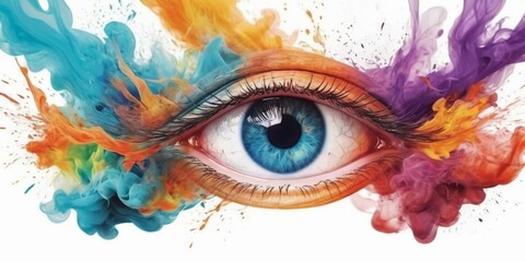 Human eye with multicolored pupil and bright colorful smoke around white background.