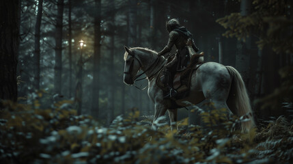 Obraz na płótnie Canvas Medieval Knight Riding Horse Through Dark Forest Woods