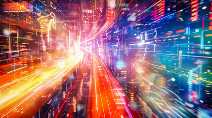Fototapeta premium Speed of Light in Urban Night, Futuristic City with Blurred Traffic, Abstract Technology and Motion Concept