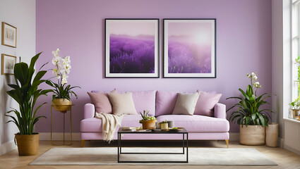 Elegant Living Room Decor, white Sofa and purple wall with Indoor Plants in a Cozy Interior, A mockup of a blank poster frame.