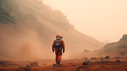 Rear view of an astronaut wearing a space suit walking on the surface of the red planet. First manned mission to Mars, space exploration colonization. Mars exploration - obrazy, fototapety, plakaty