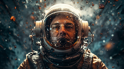 Head shot of attractive man astronaut wearing a helmet in outer space looking at planet earth. Man astronaut wearing space helmet and suit. Space travel and exploration. Mars exploration - obrazy, fototapety, plakaty