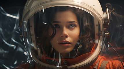 Woman astronaut wearing space helmet and suit. Woman manned mission to Mars, space exploration colonization. Portrait of woman astronaut wearing a space suit in international space station - obrazy, fototapety, plakaty
