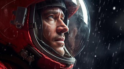 Head shot of attractive man astronaut wearing a helmet in outer space looking at planet earth. Man astronaut wearing space helmet and suit. Space travel and exploration. Mars exploration - obrazy, fototapety, plakaty