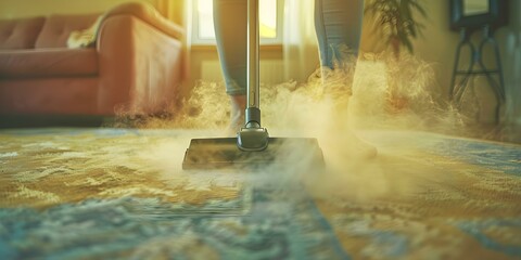 Obraz na płótnie Canvas Allergenic dust causes discomfort as woman vacuums displays visible symptoms. Concept Allergies, Dust, Vacuuming, Symptoms, Discomfort