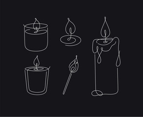 Candles glass, classic, jar, spiral, match set drawing in linear style on black background - 750053677
