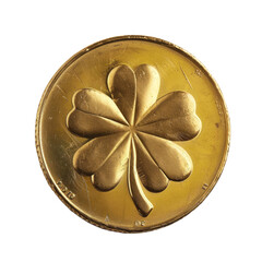 Gold coin with a four-leaf clover relief, concept of luck and prosperity in finance and collecting